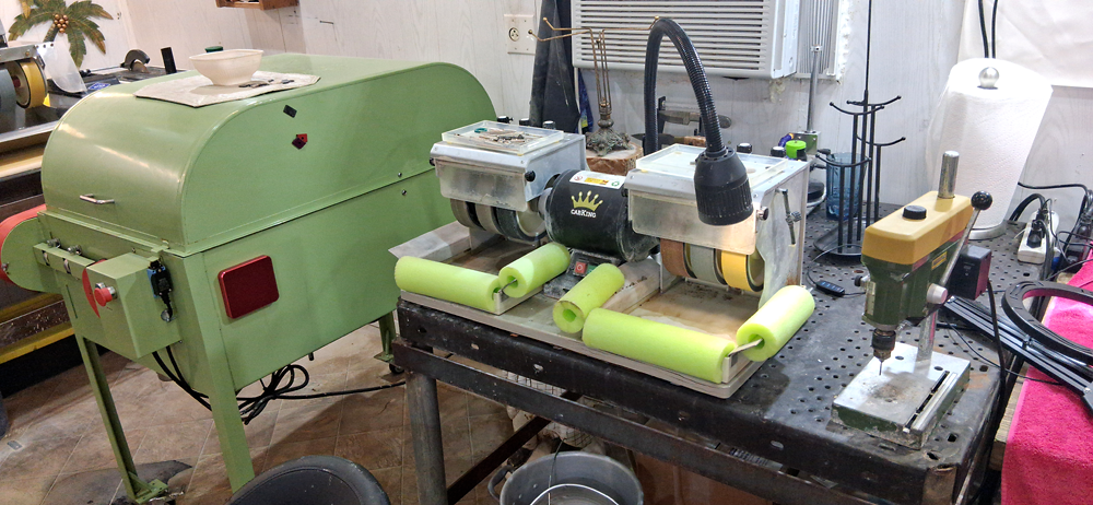 Polishing a Louisiana opal cabochon on a flat lap machine