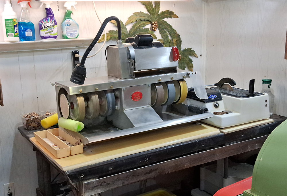 Rick Shermerhorn cutting fossilized palmwood with a lapidary saw